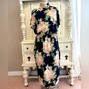 Vintage 80s Ansley Black Multicolor Floral Midi Dress Vintage Size 14/Medium